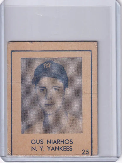 Vintage Gus Niarhos baseball card from 1948 R346 Blue Tint series featuring New York Yankees
