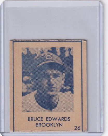 Vintage Bruce Edwards baseball card from 1948 R346 Blue Tint series featuring Brooklyn Dodgers