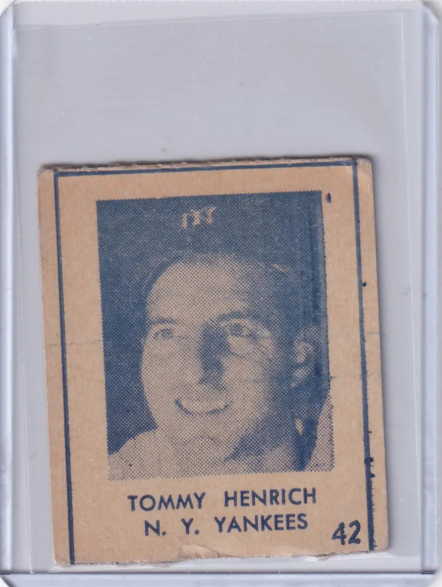 Vintage Tommy Henrich baseball card from 1948 R346 Blue Tint series