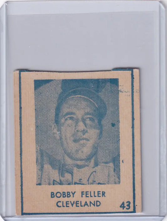 Vintage baseball card of Bob Feller Cleveland from the 1948 R346 Blue Tint series