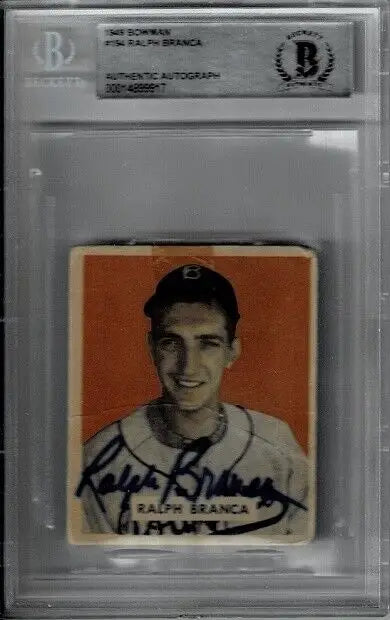 Encased 1949 Bowman Ralph Branca signed auto rookie card with authentication certificate