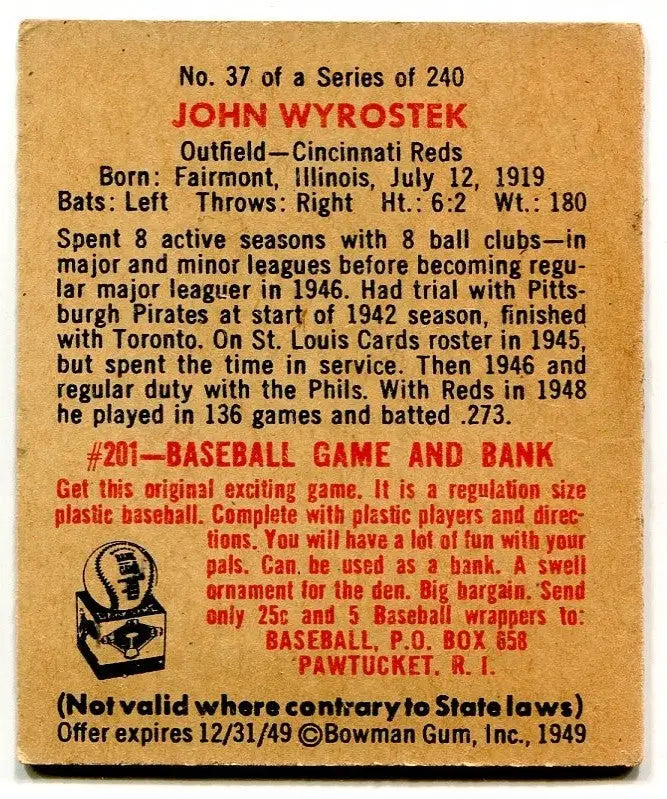 1949 Bowman #37 John Wyrostek Cincinnati Reds Low Grade Tape - Baseball Card Single