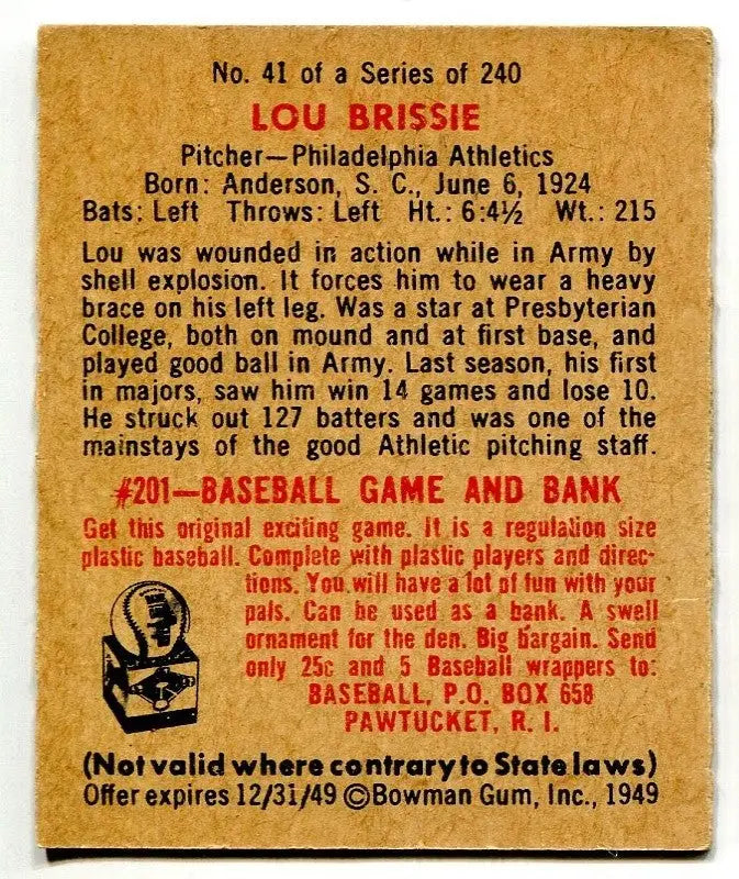 1949 Bowman #41 Lou Brissie RC Philadelphia Athletics Low Grade Tape - Baseball Card Single