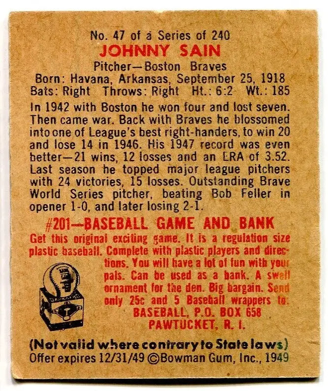 1949 Bowman #47 Johnny Sain Boston Braves Low Grade Tape - Baseball Card Single