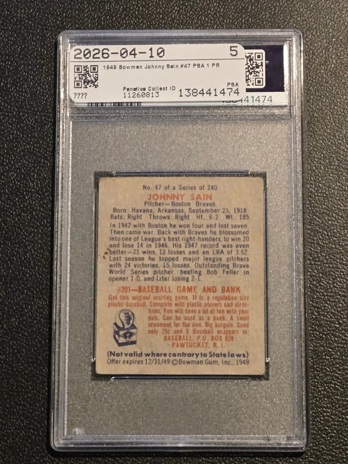 1949 Bowman #47 Johnny Sain PSA 1 - Baseball Card Single