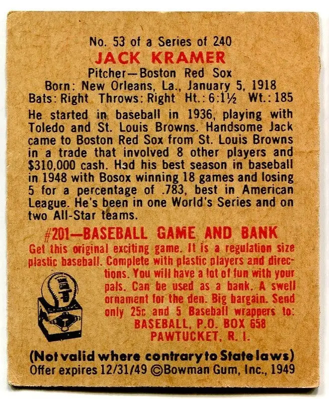 1949 Bowman #53 Jack Kramer RC Boston Red Sox Low Grade Tape - Baseball Card Single