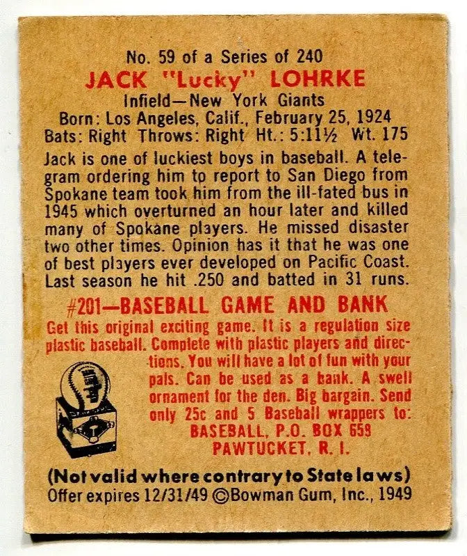1949 Bowman #59 Jack ’Lucky’ Lohrke New York Giants Low Grade Tape - Baseball Card Single