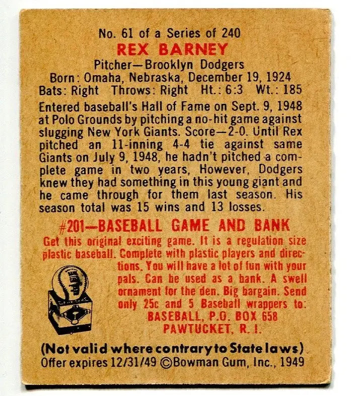 1949 Bowman #61 Rex Barney Brooklyn Dodgers Low Grade Tape - Baseball Card Single