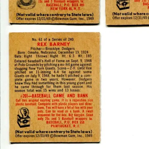 1949 Bowman #61 Rex Barney Brooklyn Dodgers Low Grade Tape - Baseball Card Single