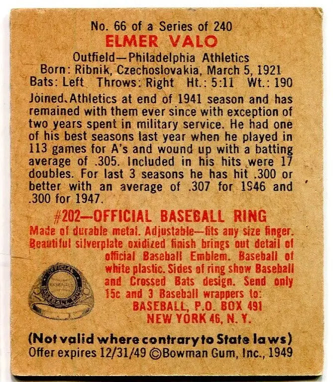 1949 Bowman #66 Elmer Valo RC Philadelphia Athletics Low Grade Tape - Baseball Card Single