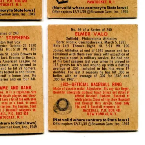 1949 Bowman #66 Elmer Valo RC Philadelphia Athletics Low Grade Tape - Baseball Card Single