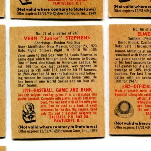 1949 Bowman #71 Vern ’Junior’ Stephens RC Boston Red Sox Low Grade Tape - Baseball Card Single