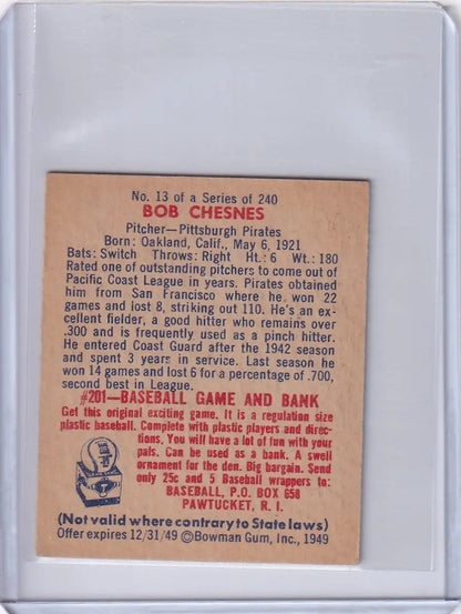 Vintage Bowman Baseball card of Bob Chesnes, Pittsburgh Pirates 1949 RC collectible