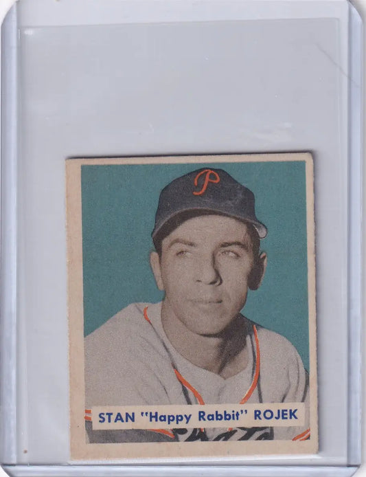 Stan Happy Rabbit Rojek 1949 Bowman Baseball card featuring Pittsburgh Pirates design