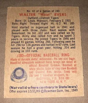 1949 Bowman Baseball #42 Walter Hoot Evers Poor Detroit Tigers - Trading Cards