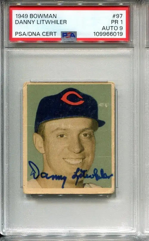 1949 BOWMAN Danny Litwhiler #97 SIGNED PSA 1 DNA MINT 9 Auto Reds - Baseball Card Single