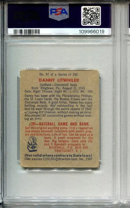 1949 BOWMAN Danny Litwhiler #97 SIGNED PSA 1 DNA MINT 9 Auto Reds - Baseball Card Single