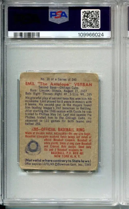 1949 BOWMAN Emil Verban #38 SIGNED PSA 1 DNA MINT 9 Auto Cubs