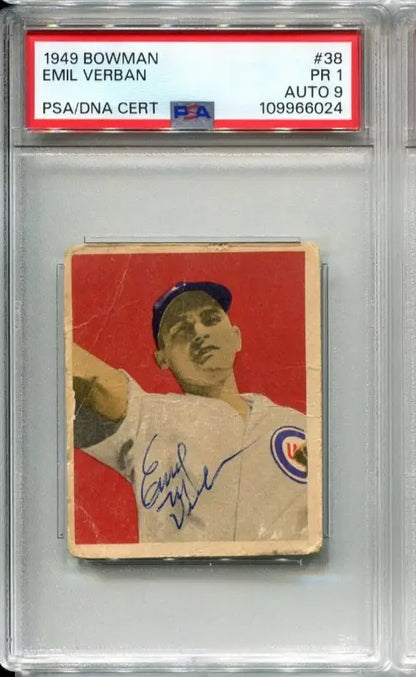 1949 BOWMAN Emil Verban #38 SIGNED PSA 1 DNA MINT 9 Auto Cubs