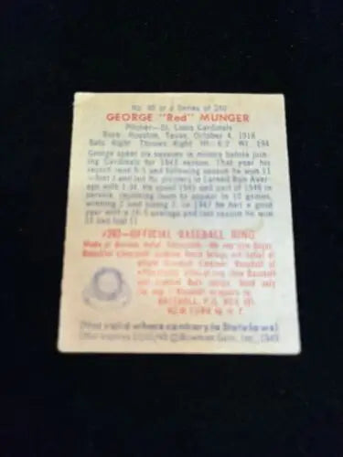 Vintage 1949 Bowman George Red Munger RC Rookie card of St Louis Cardinals Baseball