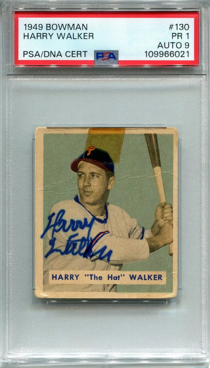 Graded 1949 Bowman Harry Walker baseball card with autograph and PSA 1 DNA 9 auto
