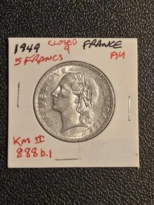 1949 France 5 Francs Lavrillier Aluminum Coin - Closed 9 Variety - AU/EF
