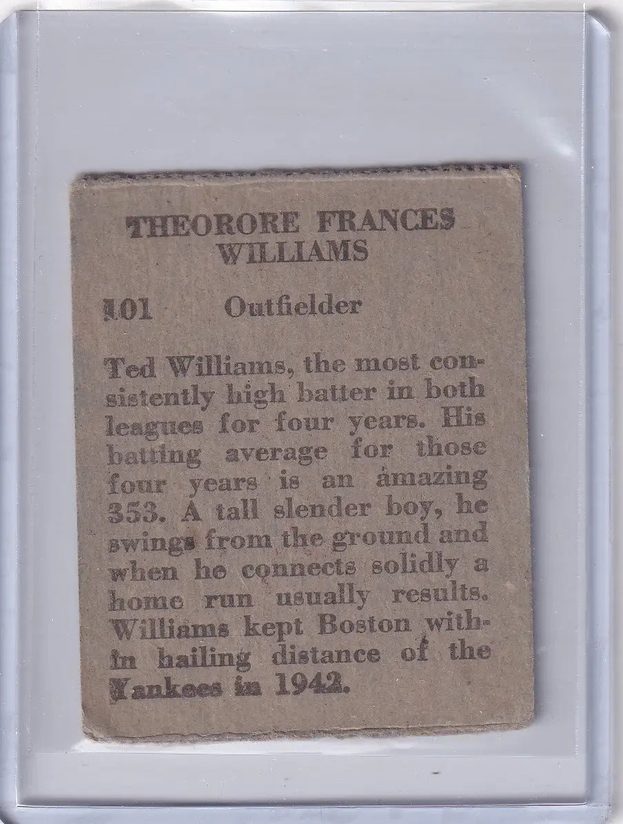 Vintage Ted Williams baseball card from 1949 R302-02 M.P. & Co #101 Boston Red Sox
