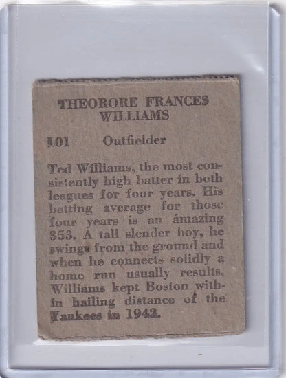 Vintage Ted Williams baseball card from 1949 R302-02 M.P. & Co #101 Boston Red Sox