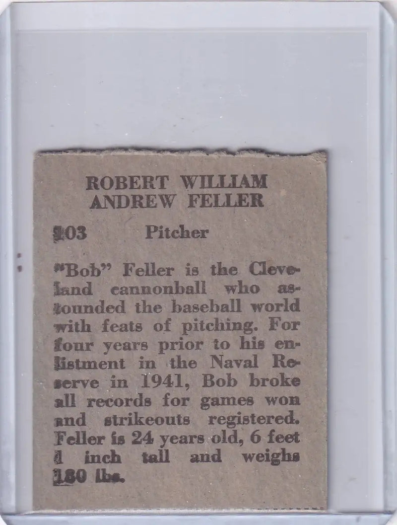 Vintage baseball card of Bob Feller from Cleveland Indians R302-02 series
