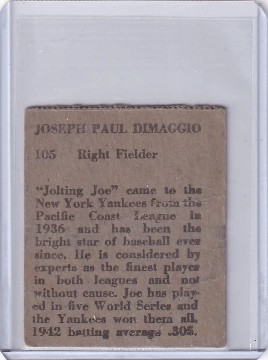 Vintage Joe Dimaggio baseball card from 1949 R302-02 NY Yankees collectible image