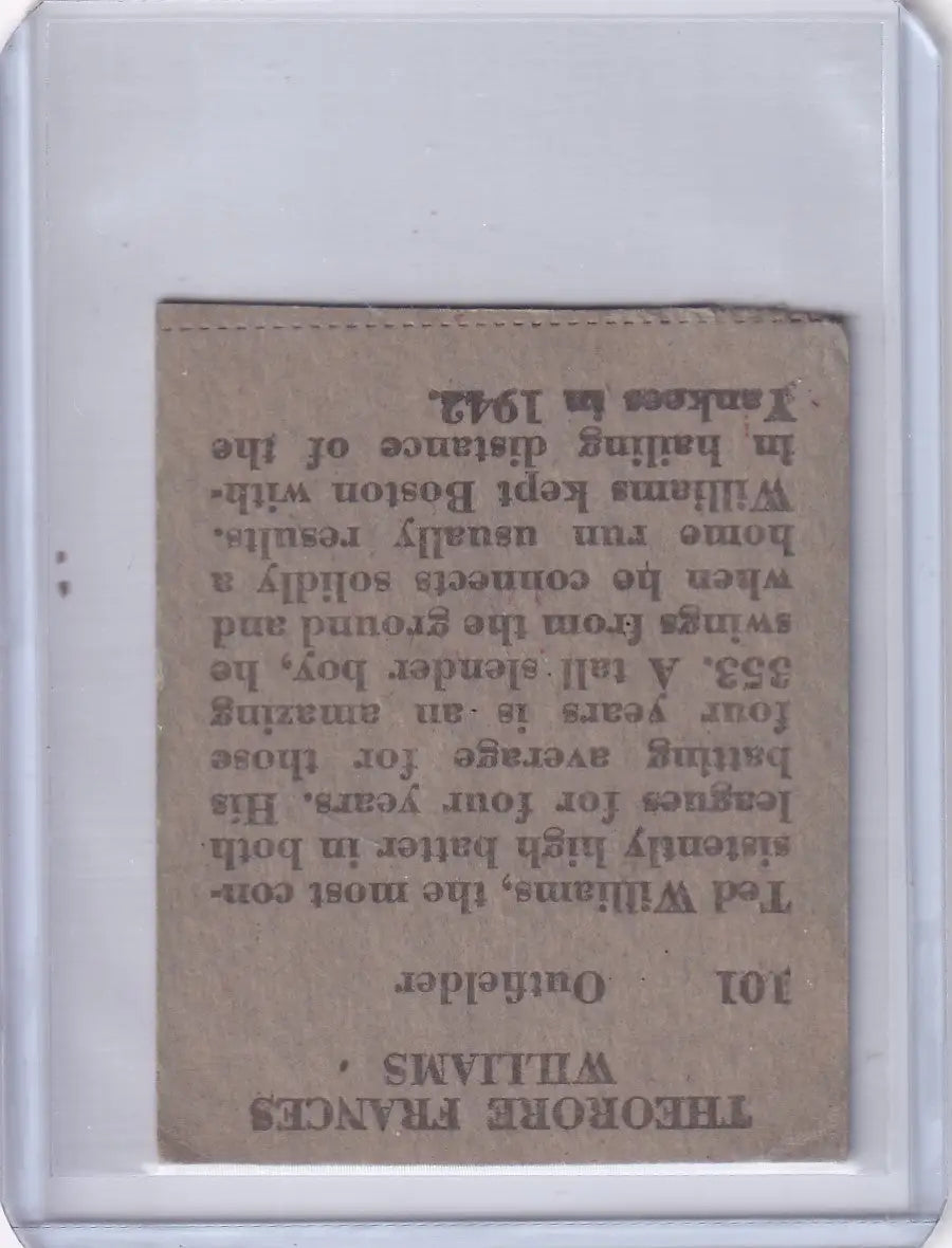 Vintage baseball card of Ted Williams from the Boston Red Sox 1949 R302-2 M.P. & Co