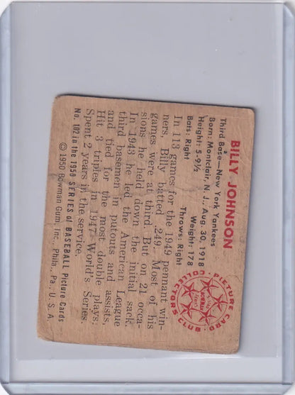 Vintage 1950 Bowman Baseball card featuring Billy Johnson of the New York Yankees