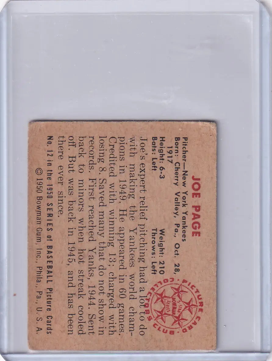 Vintage 1950 Bowman Baseball card reverse side featuring Joe Page, New York Yankees