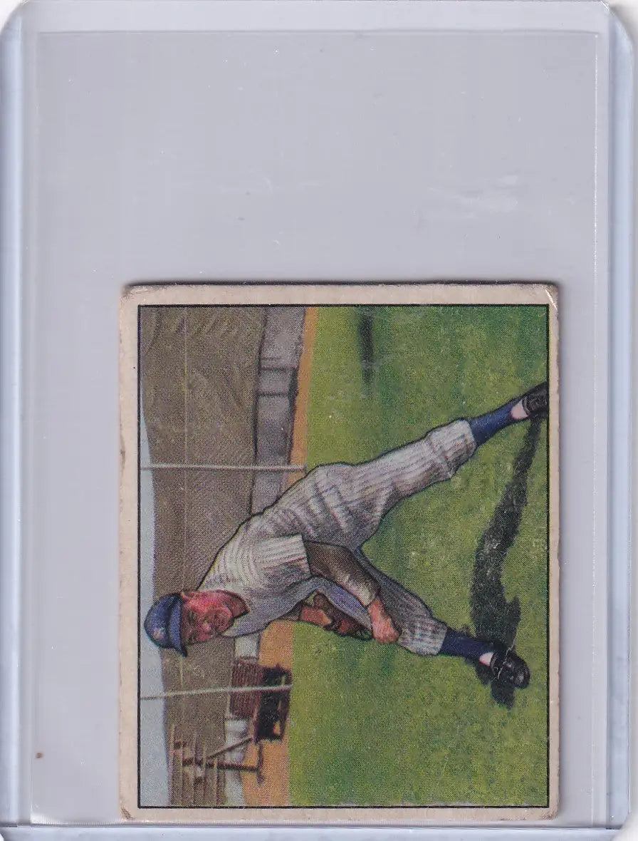 Vintage 1950 Bowman Baseball card of Joe Page in New York Yankees pitching stance