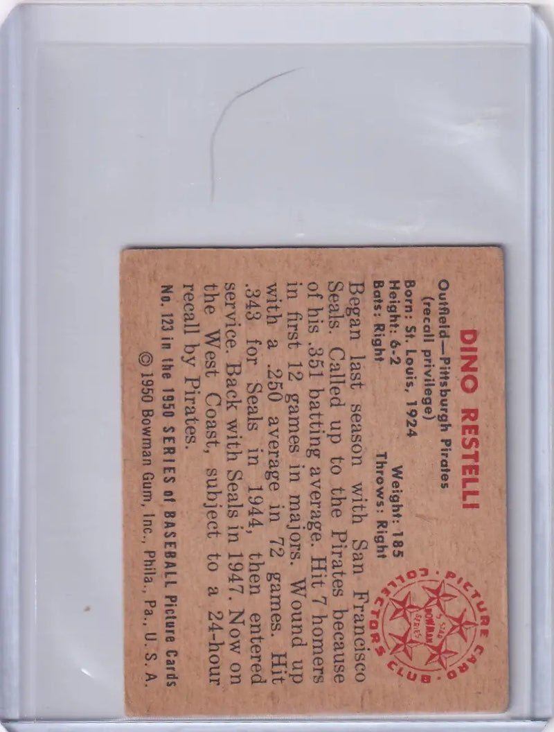 1950 Bowman Baseball #123 Dino Restelli - Pittsburgh Pirates RC - Baseball Card Single