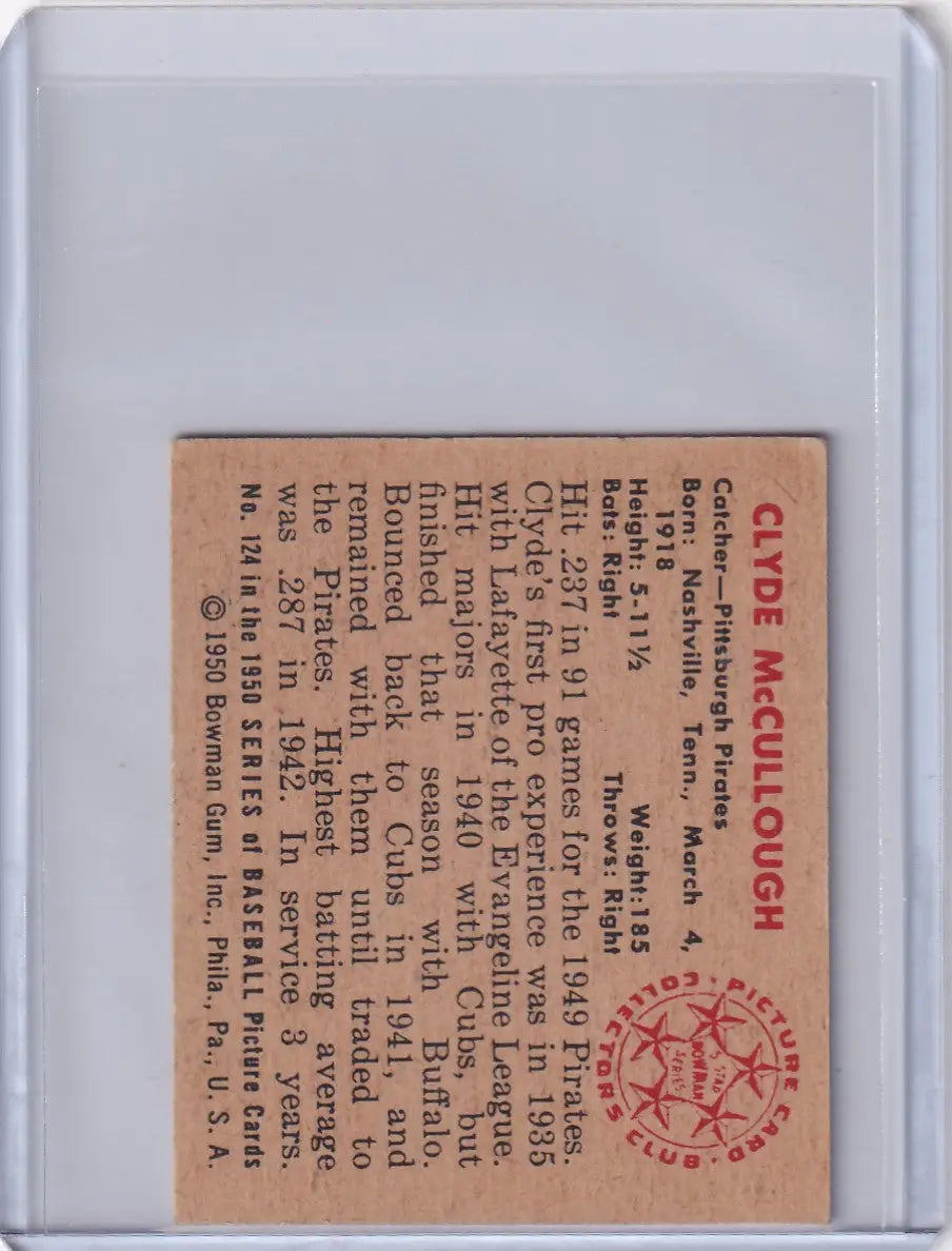 1950 Bowman Baseball #124 Clyde McCullough - Pittsburgh Pirates - Baseball Card Single