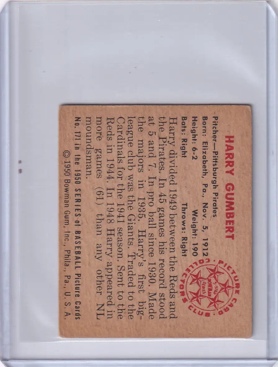 1950 Bowman Baseball #171 Harry Gumbert - Pittsburgh Pirates - Baseball Card Single