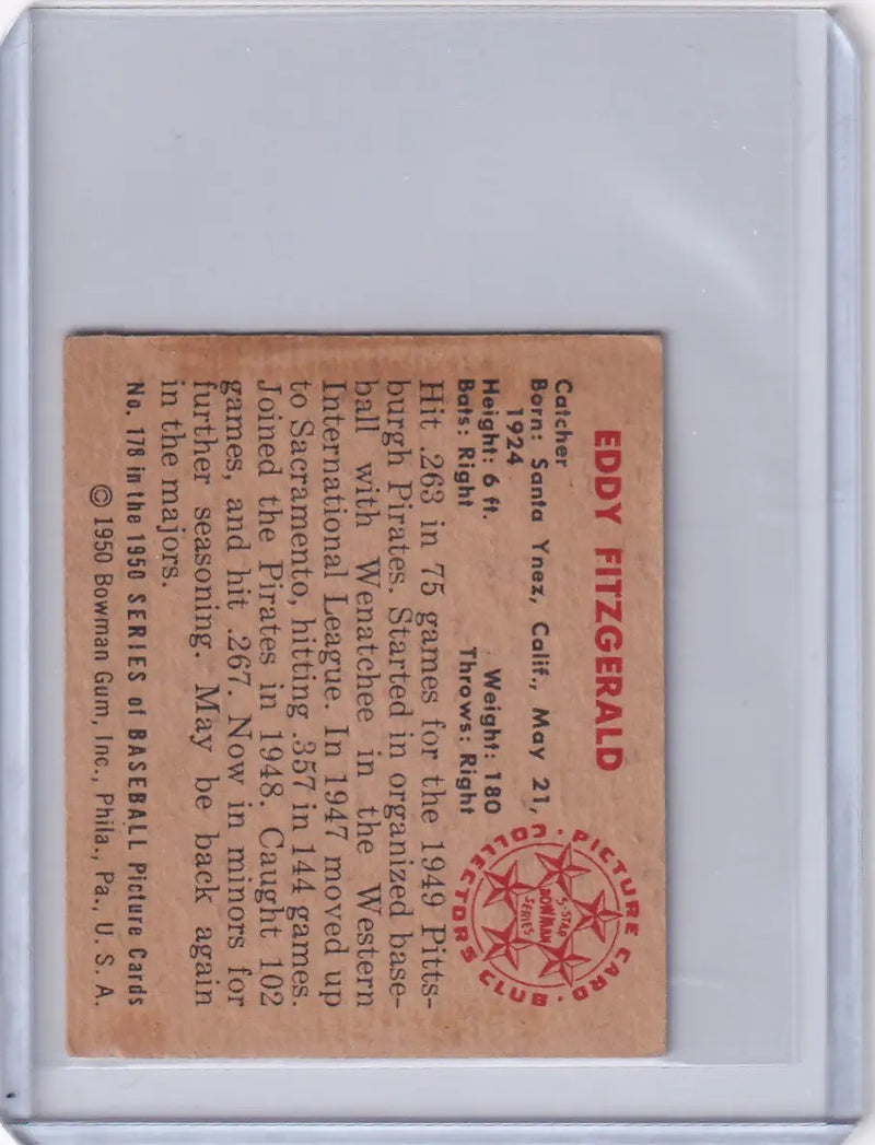 1950 Bowman Baseball #178 Ed Fitz Gerald - Pittsburgh Pirates - Baseball Card Single