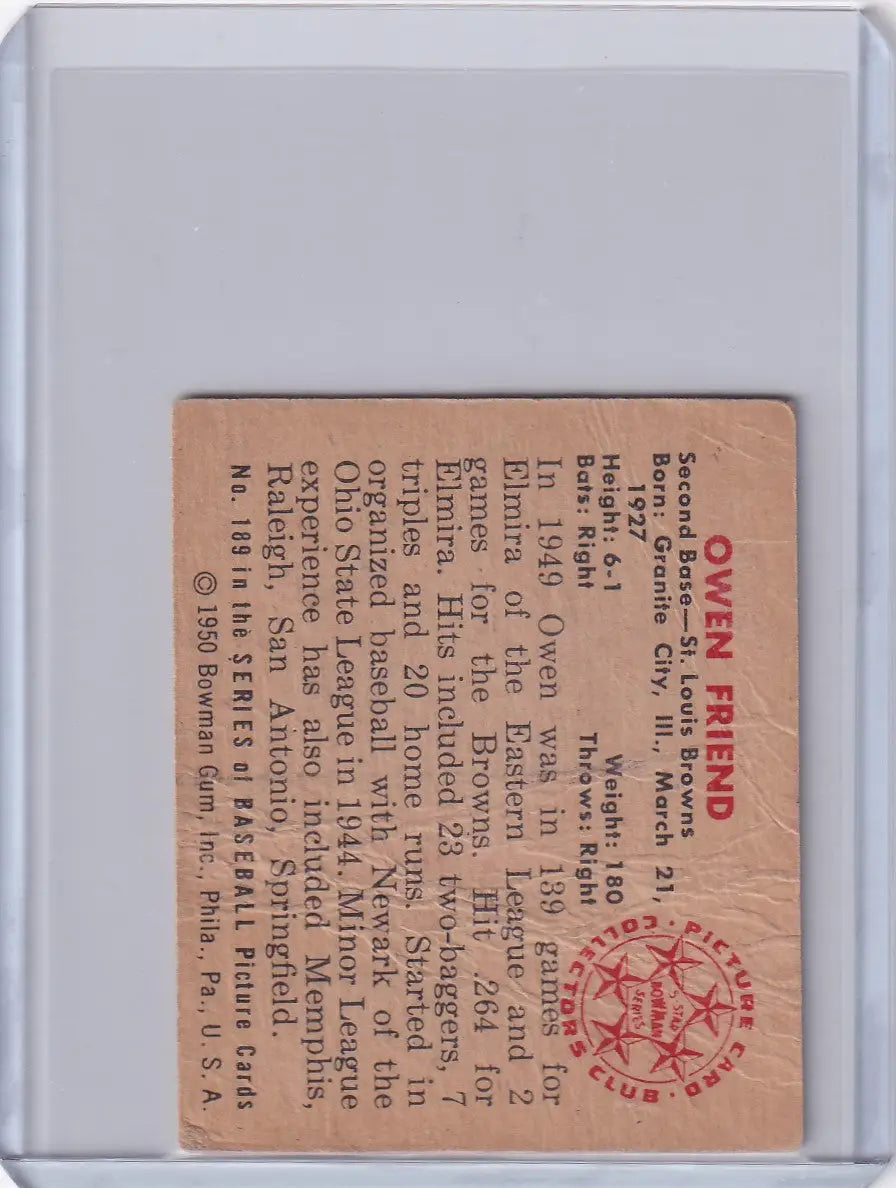 Vintage 1950 Bowman Baseball card of Owen Friend featuring St. Louis Browns seal