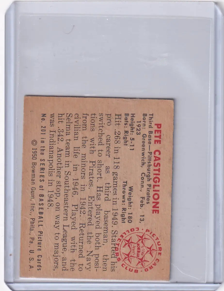 1950 Bowman Baseball #201 Pete Castiglione - Pittsburgh Pirates - Baseball Card Single