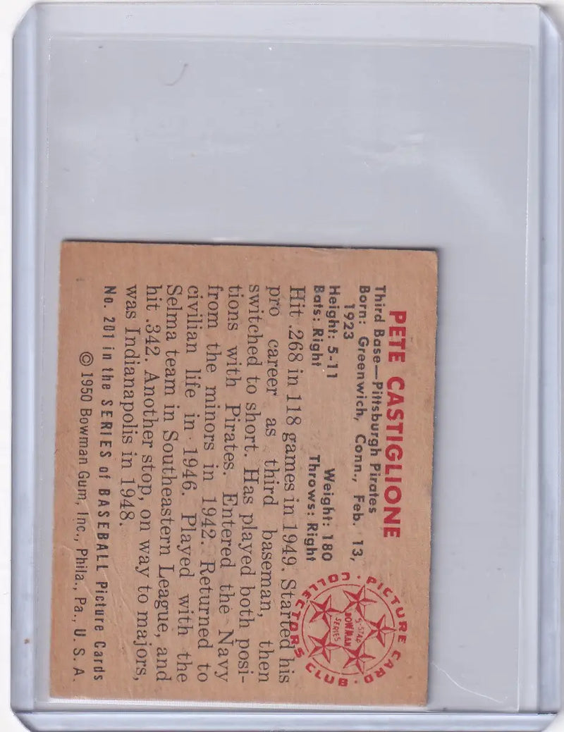 1950 Bowman Baseball #201 Pete Castiglione - Pittsburgh Pirates - Baseball Card Single