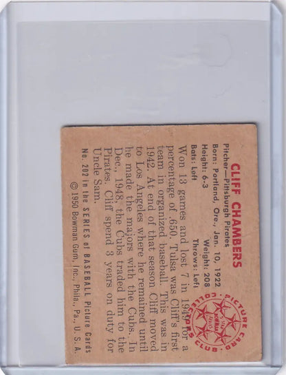 Vintage Bowman Baseball card of Cliff Chambers featuring Pittsburgh Pirates design