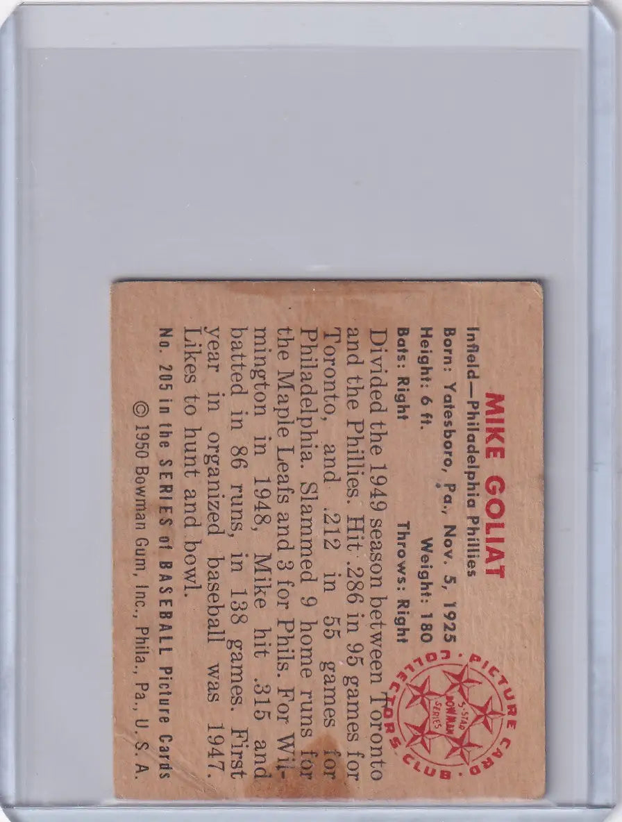 Vintage paper ticket featuring red text for Mike Goliat and Bowman Baseball collectibles