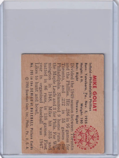 Vintage paper ticket featuring red text for Mike Goliat and Bowman Baseball collectibles
