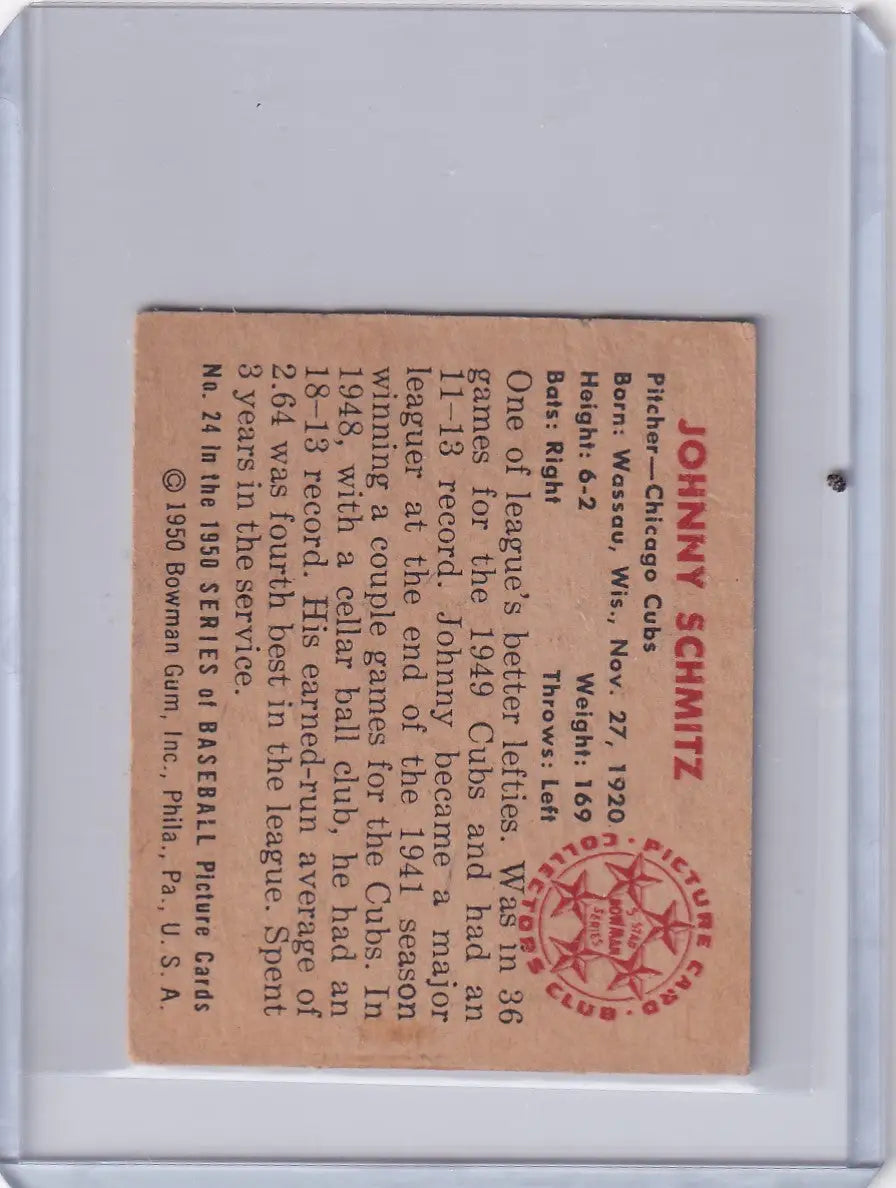 Vintage 1950 Bowman Baseball card featuring Johnny Schmitz of the Chicago Cubs