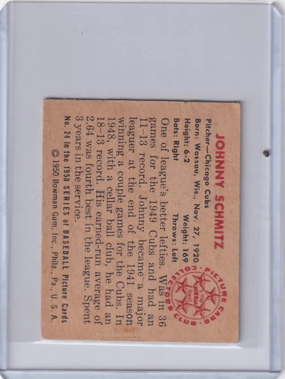 Vintage 1950 Bowman Baseball card featuring Johnny Schmitz of the Chicago Cubs