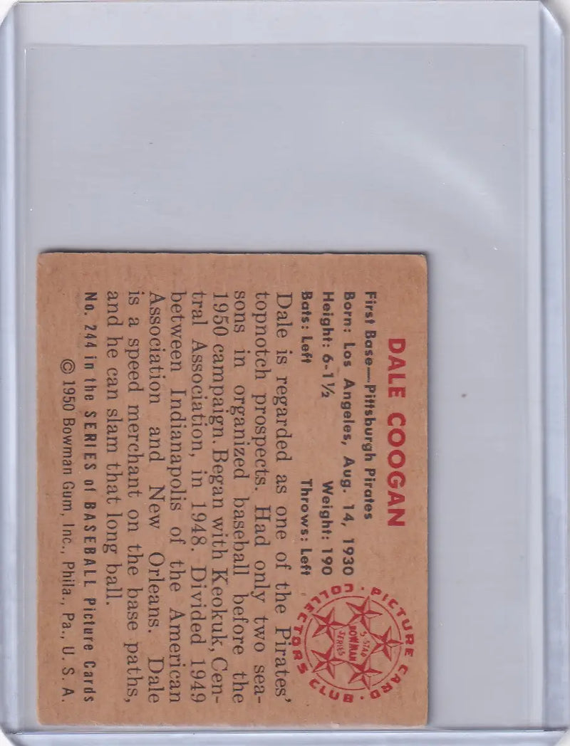 Vintage Dale Coogan baseball card from 1950 Bowman Baseball, Pittsburgh Pirates collectible