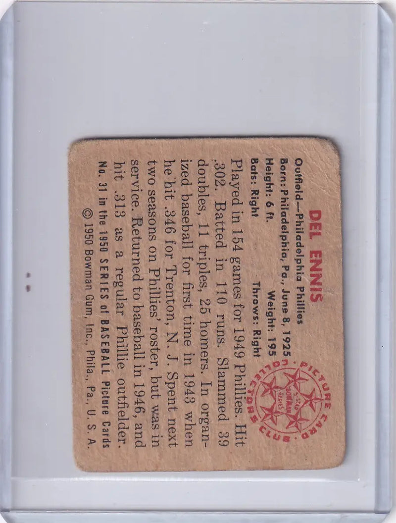 Vintage membership card featuring Del Ennis from Bowman Baseball and the Philadelphia Phillies