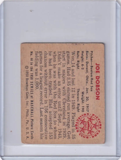 Vintage 1950 Bowman Baseball card of Joe Dobson featuring Boston Red Sox logo