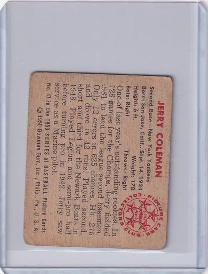 Vintage 1950 Bowman Baseball card of Jerry Coleman featuring New York Yankees seal